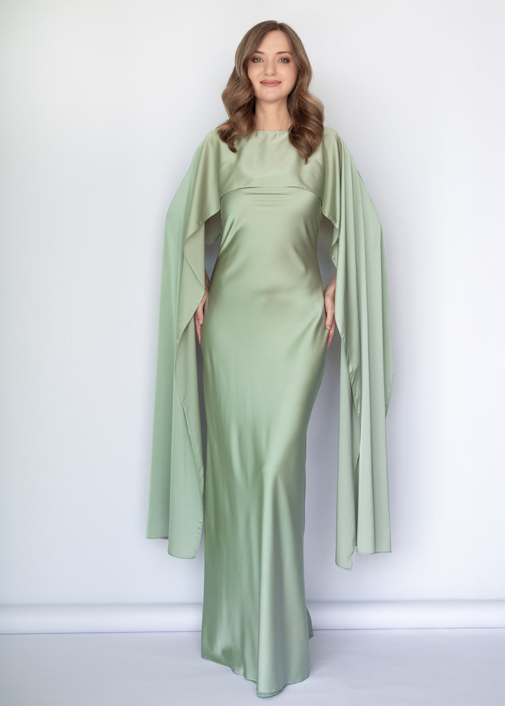 Light Sage Silk Dress & Detachable Cape