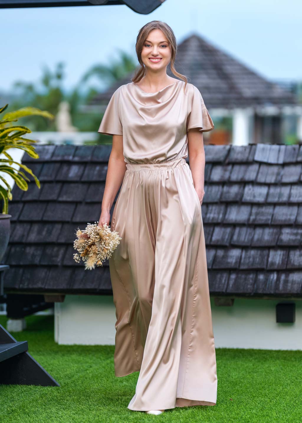 Champagne beige silk jumpsuit
