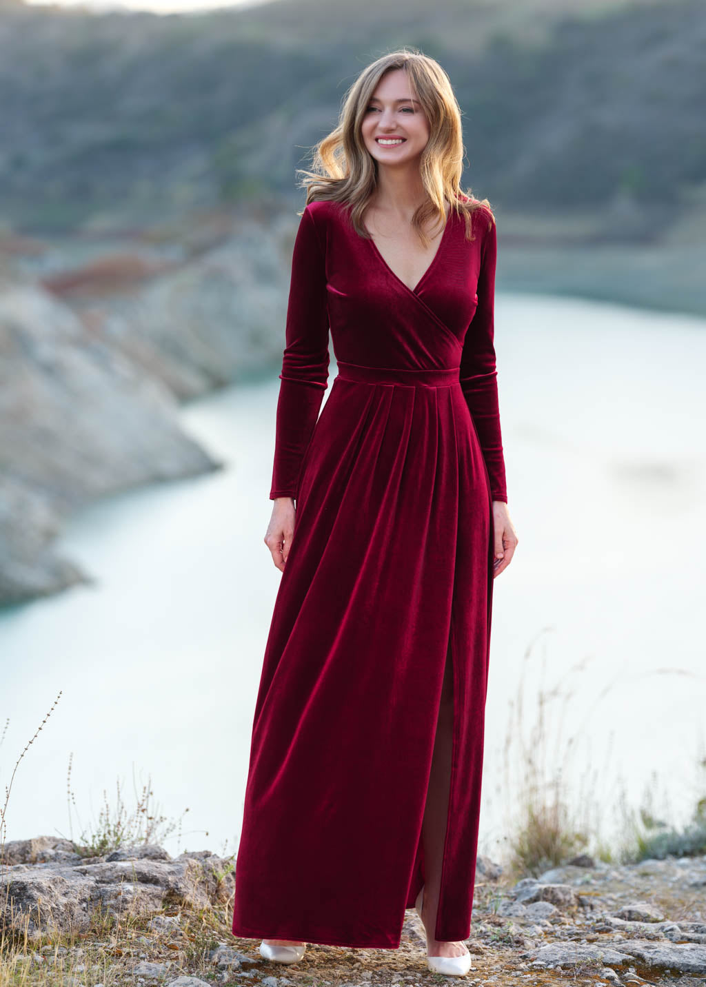 Burgundy velvet wrap slit dress