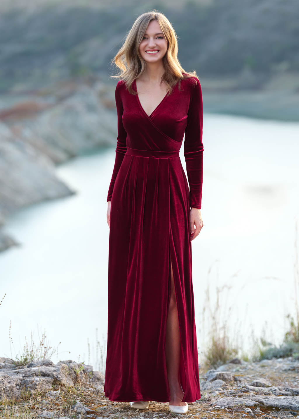 Burgundy velvet wrap slit dress
