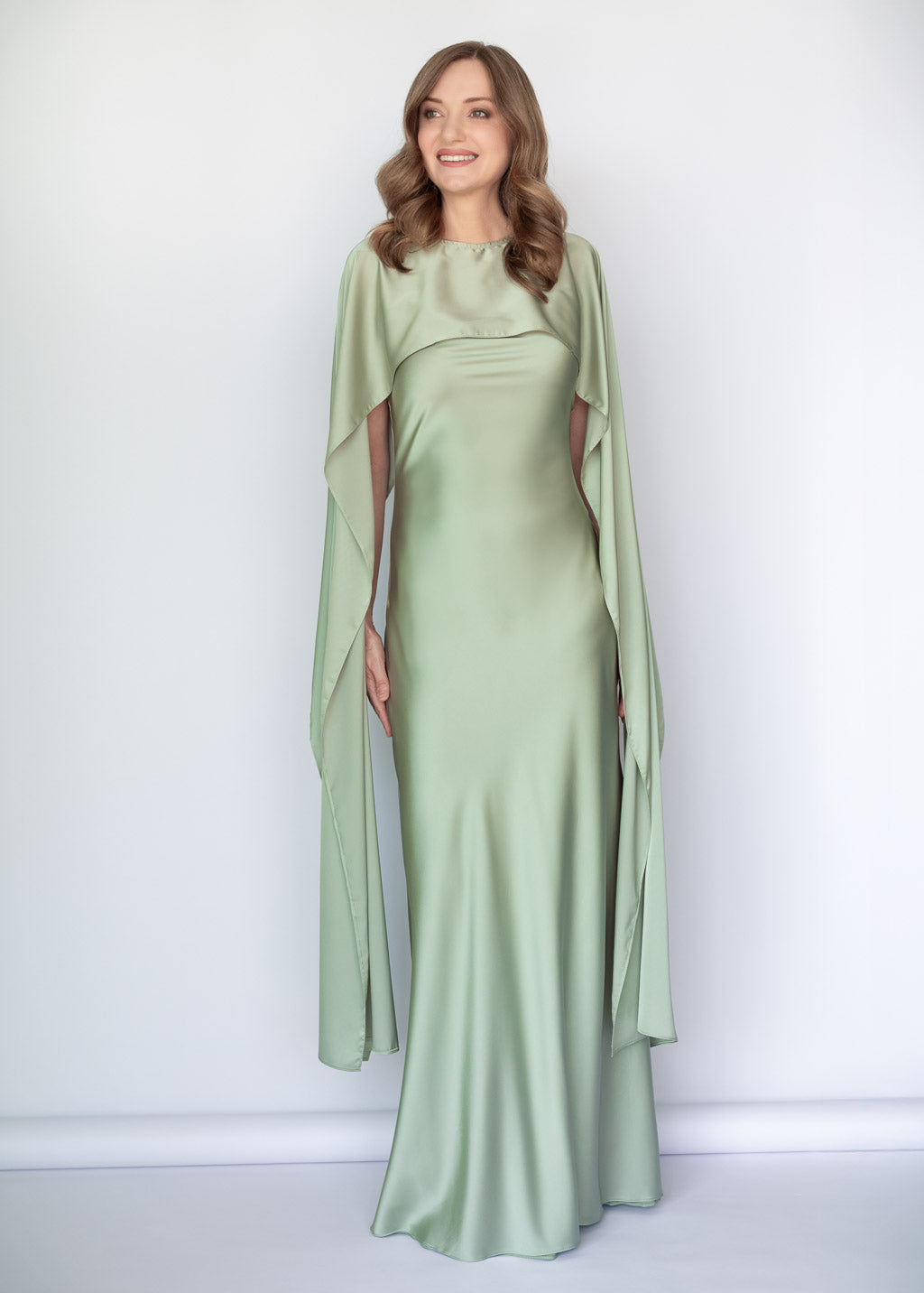 Light Sage Silk Dress & Detachable Cape
