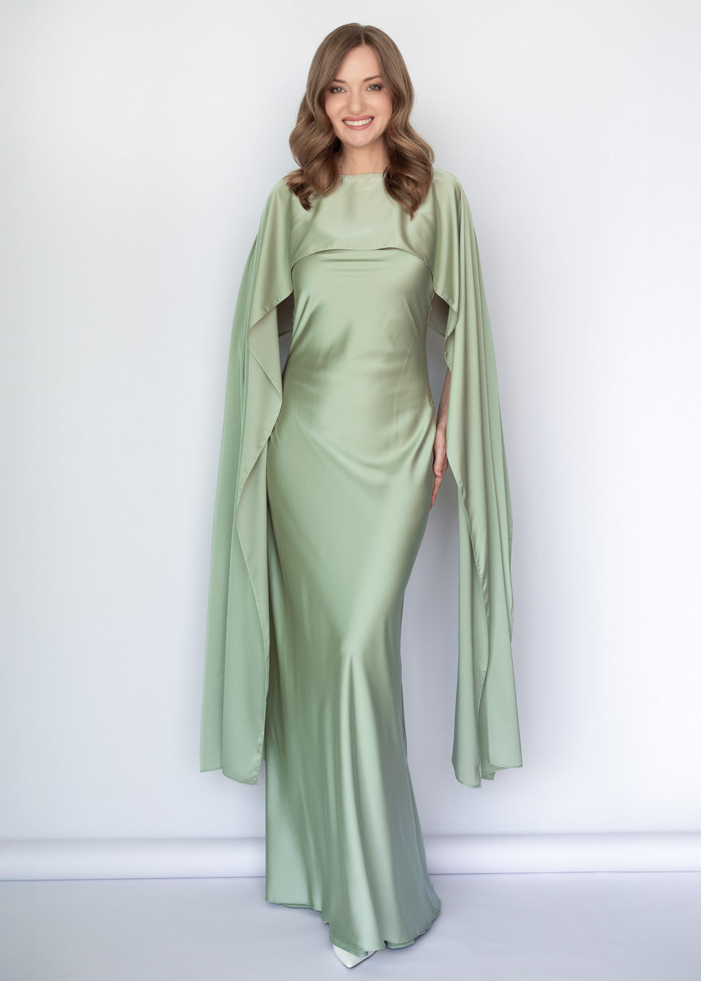 Light Sage Silk Dress & Detachable Cape