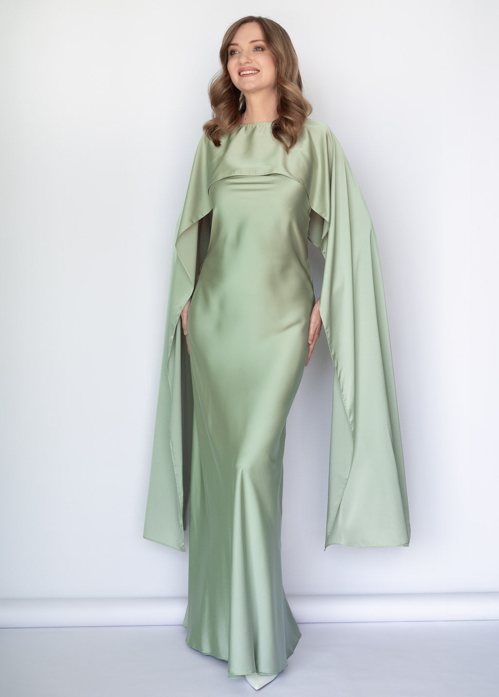 Light Sage Silk Dress & Detachable Cape