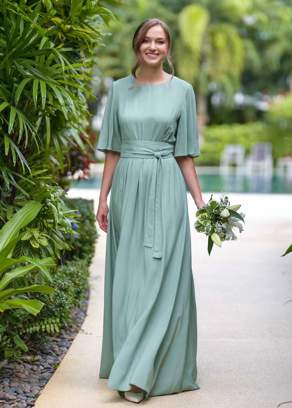 Sage green long dress with belt