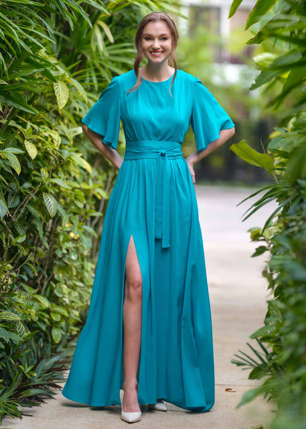 Turquoise long dress with belt