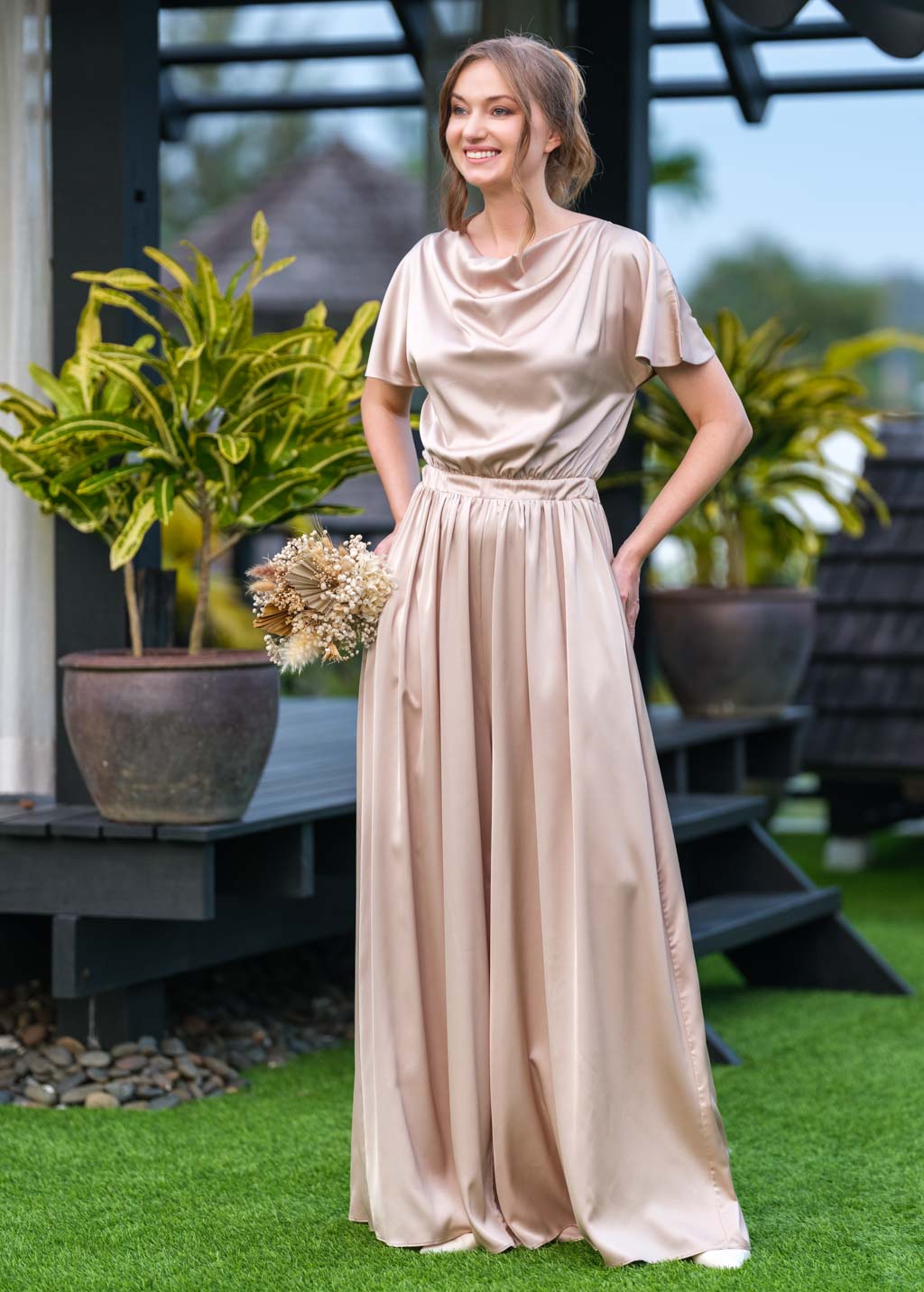 Champagne beige silk jumpsuit