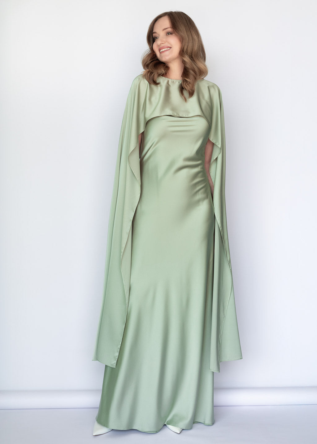 Light Sage Silk Dress & Detachable Cape
