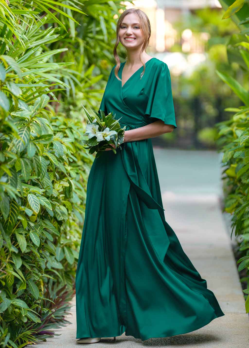 Emerald green wrap long dress