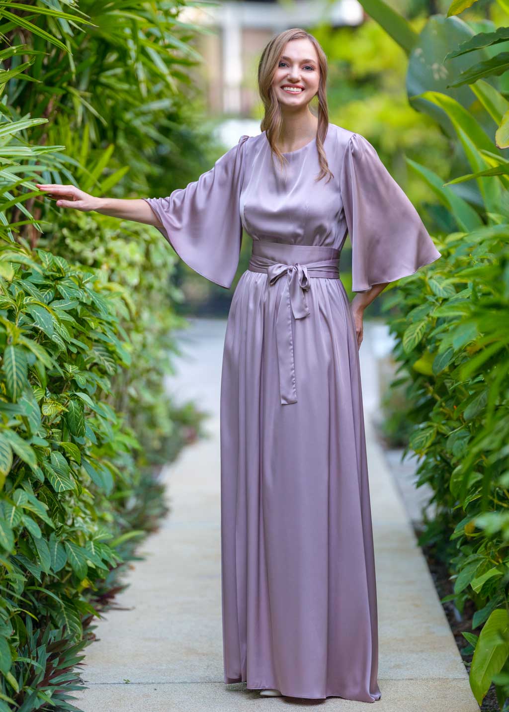 Taupe silk slit dress with belt