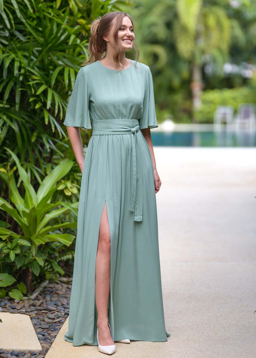 Sage green slit dress with belt