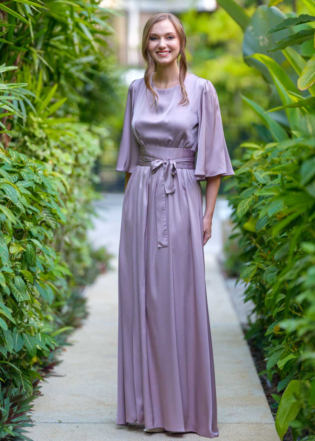 Taupe silk slit dress with belt