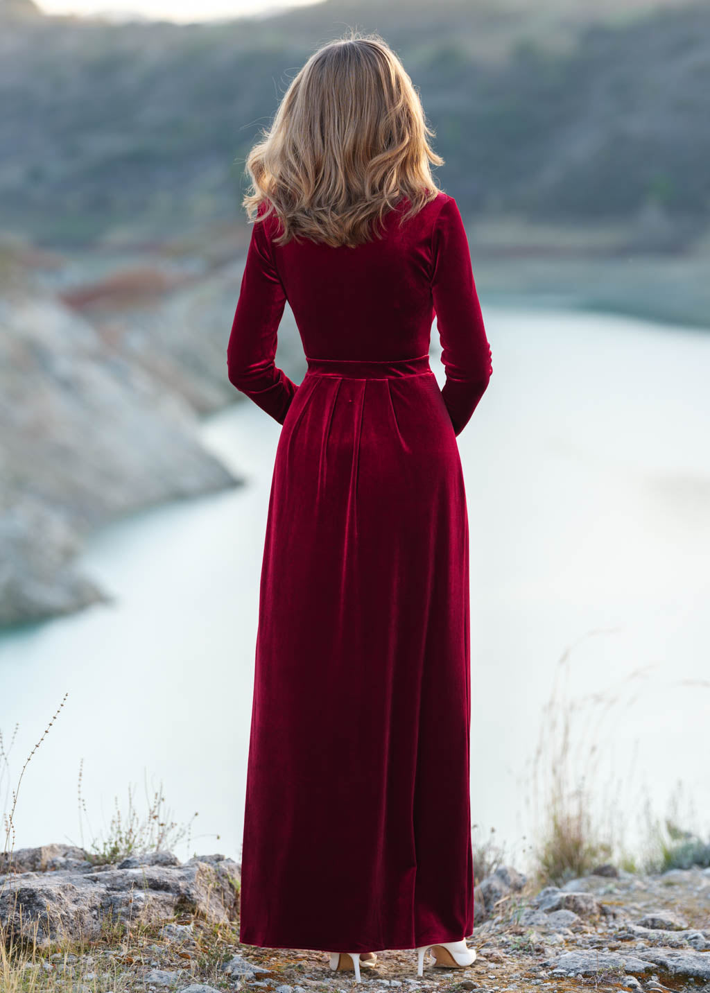 Burgundy velvet wrap slit dress