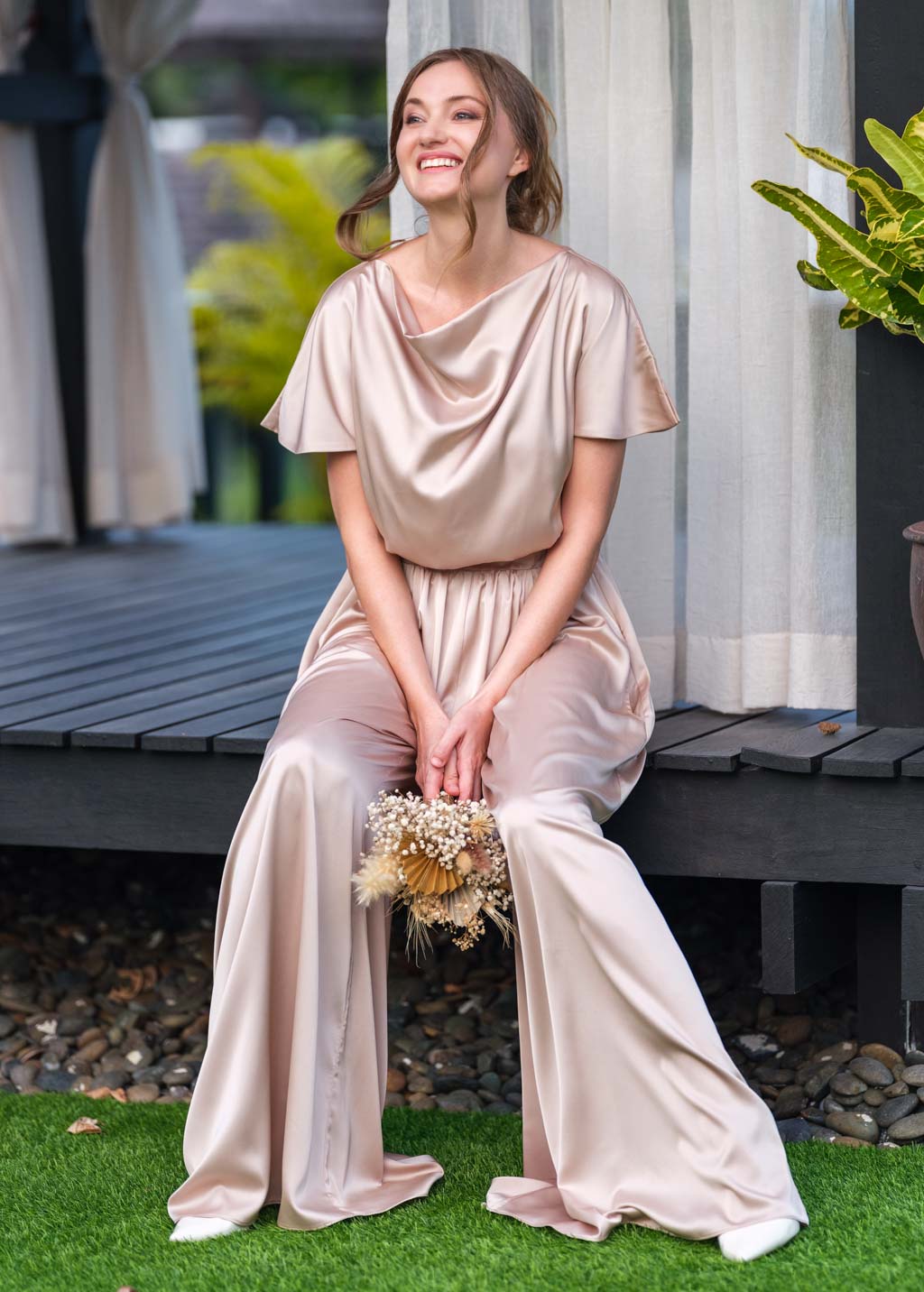 Champagne beige silk jumpsuit