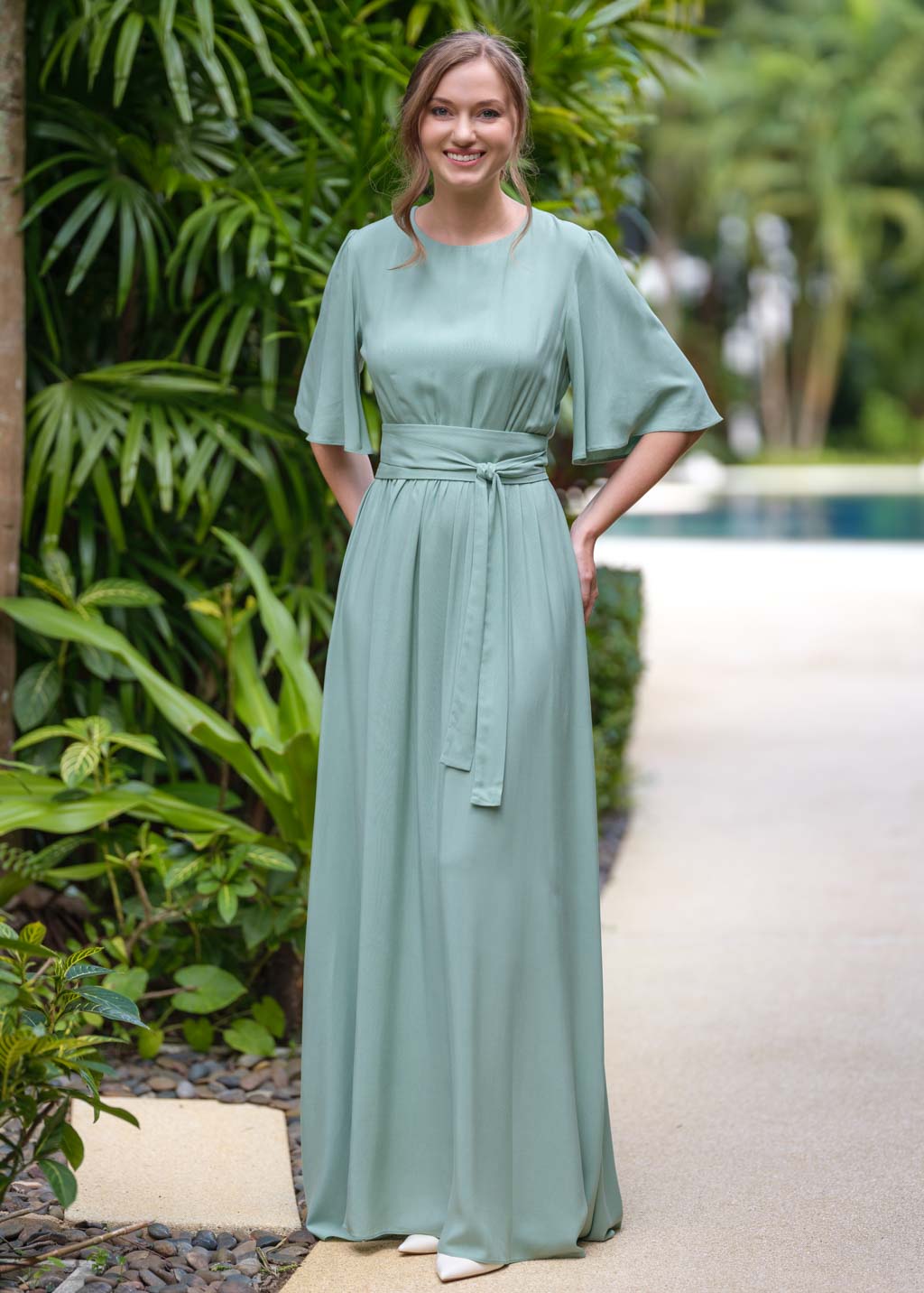 Sage green long dress with belt