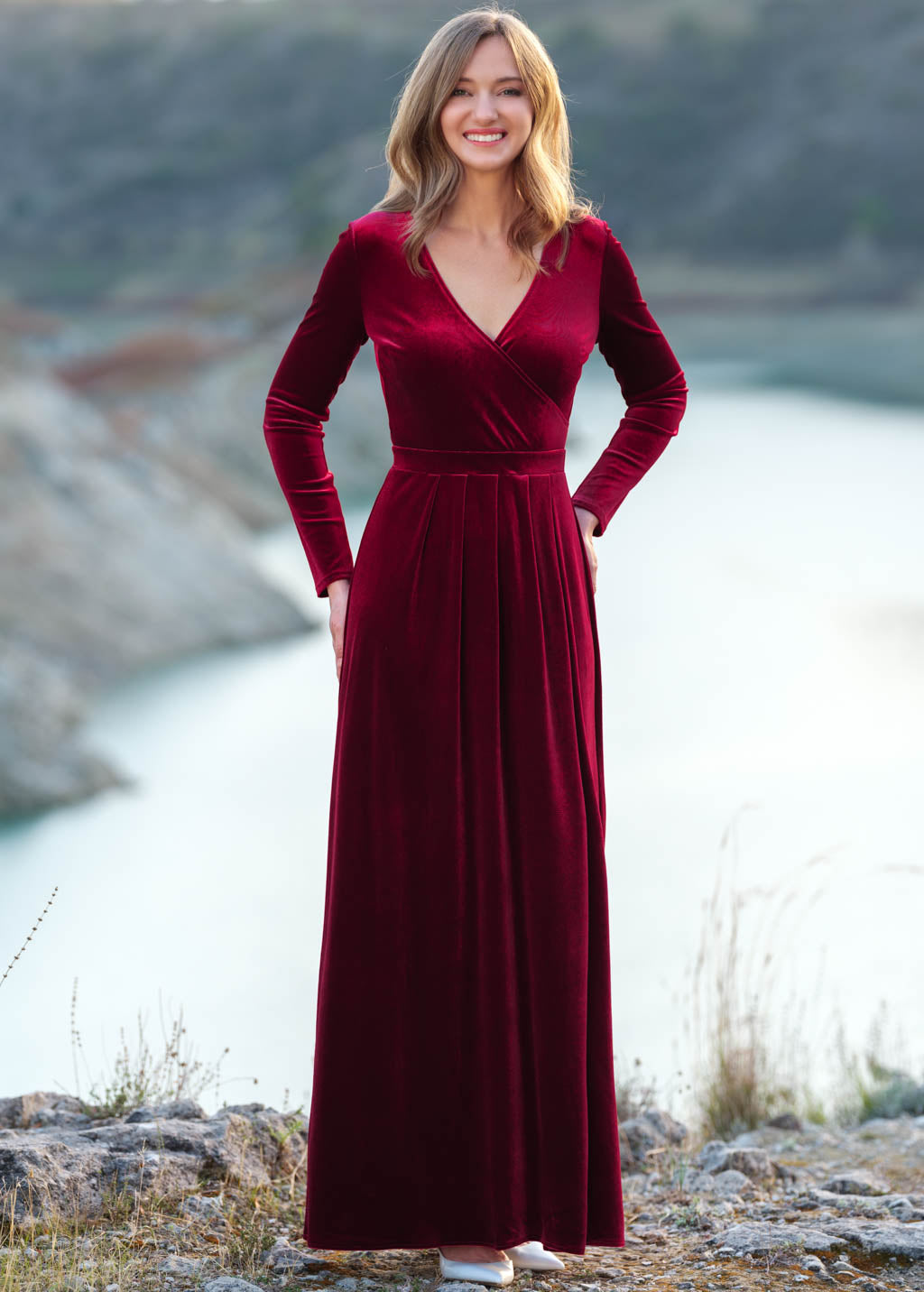 Burgundy velvet wrap slit dress