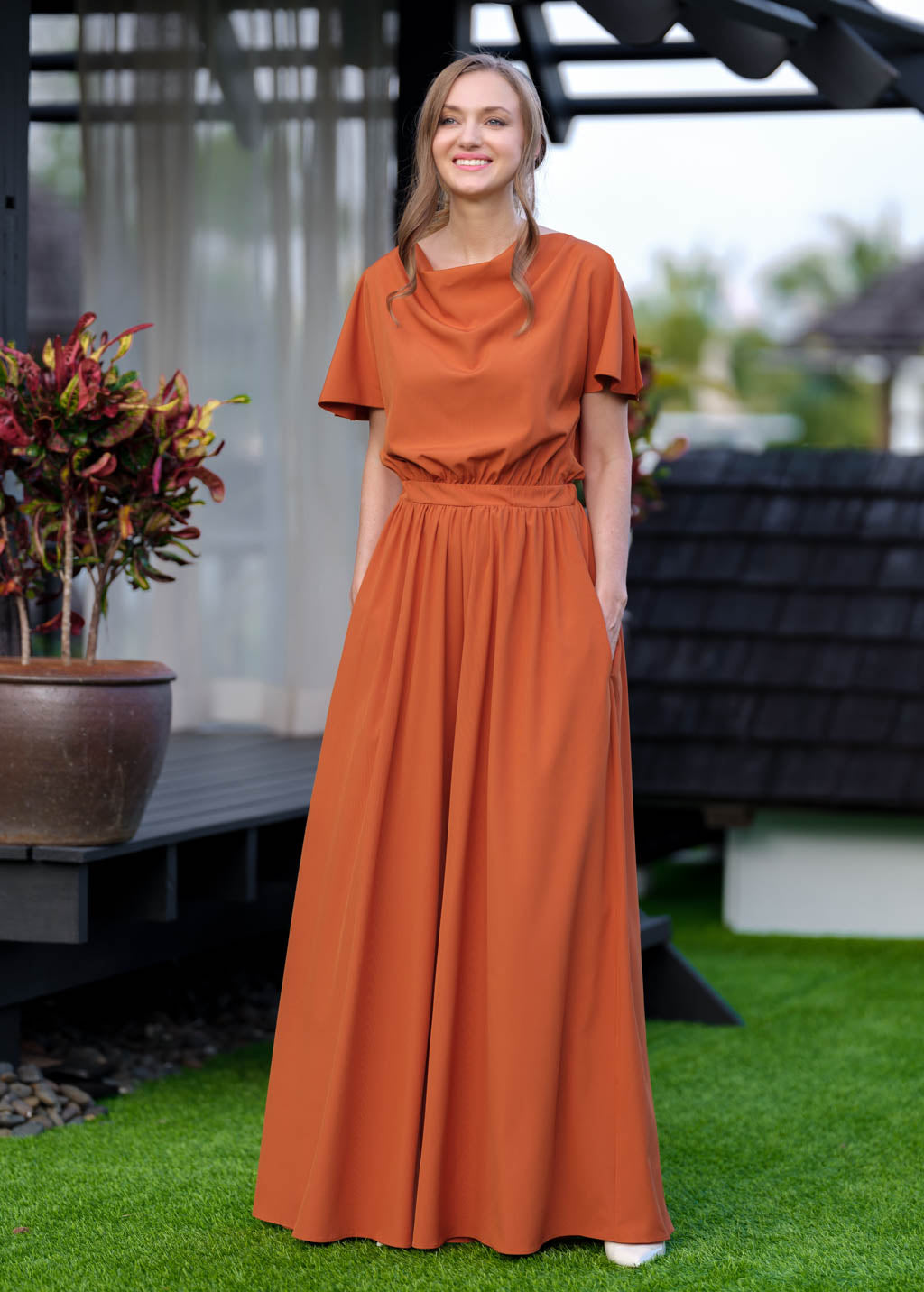 Rust orange crepe jumpsuit