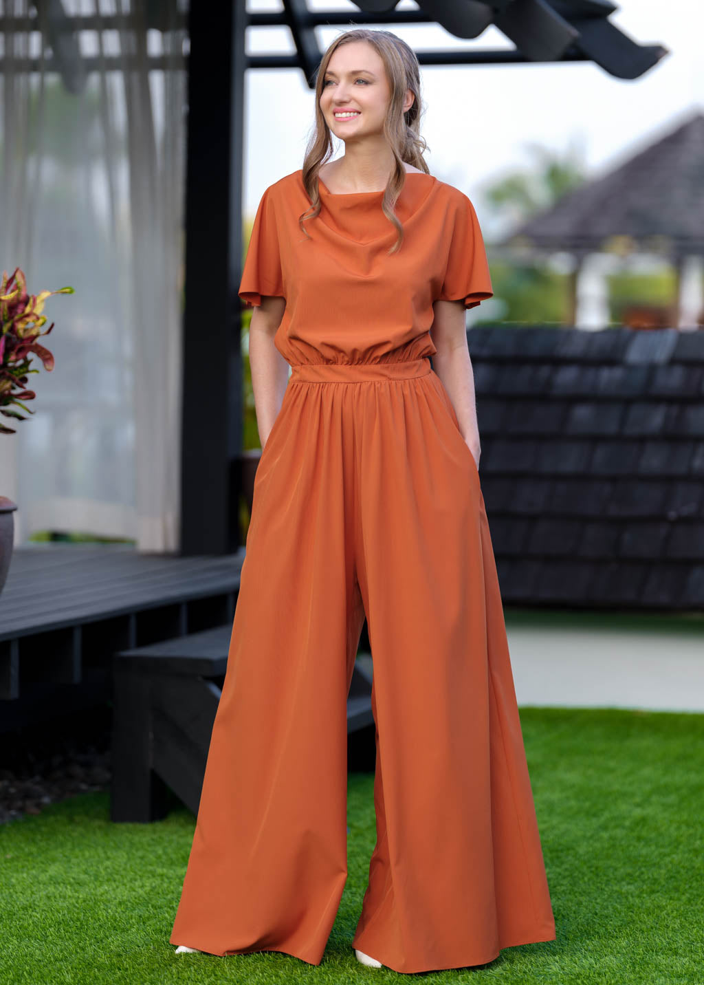 Rust orange crepe jumpsuit
