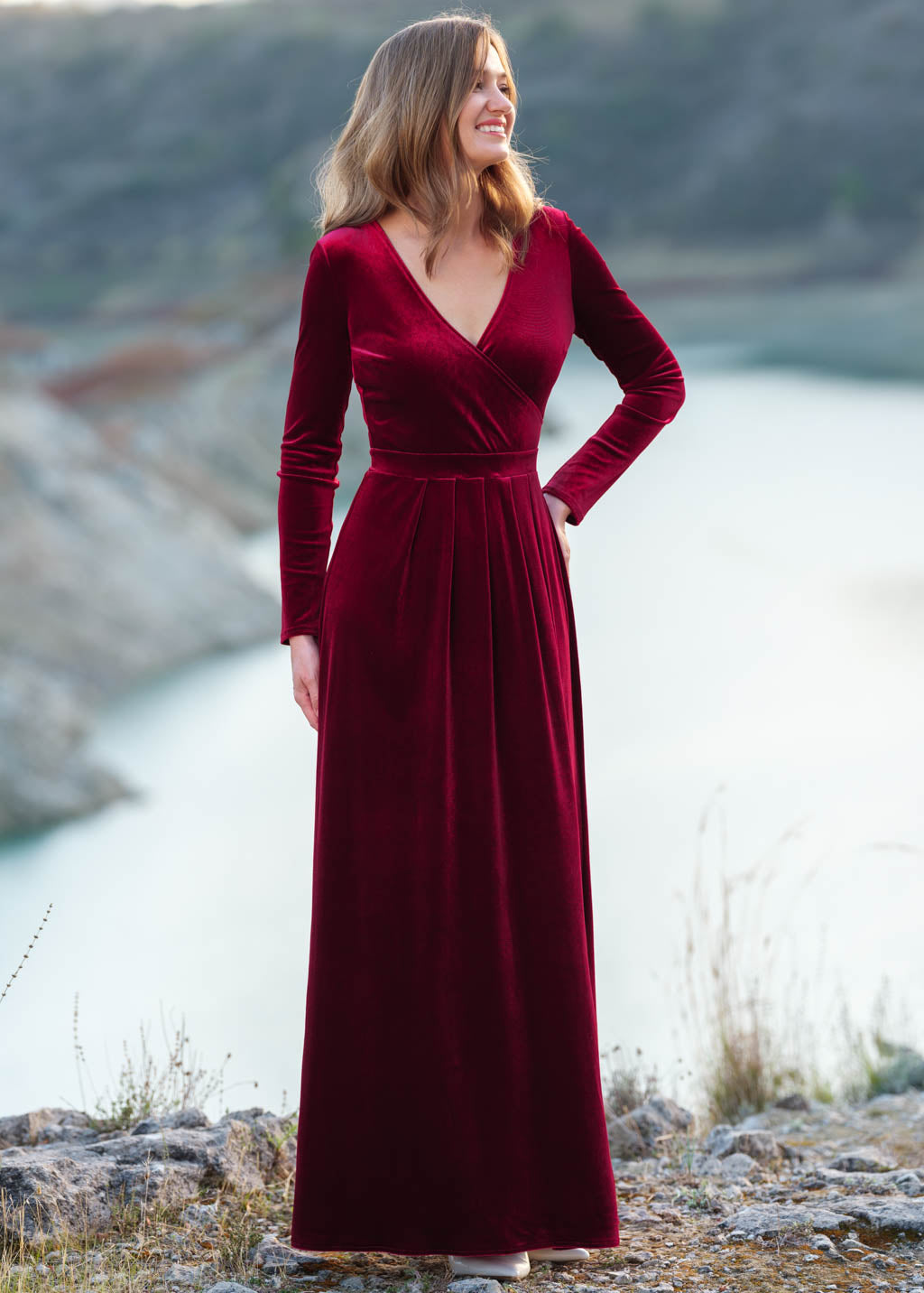 Burgundy velvet wrap slit dress