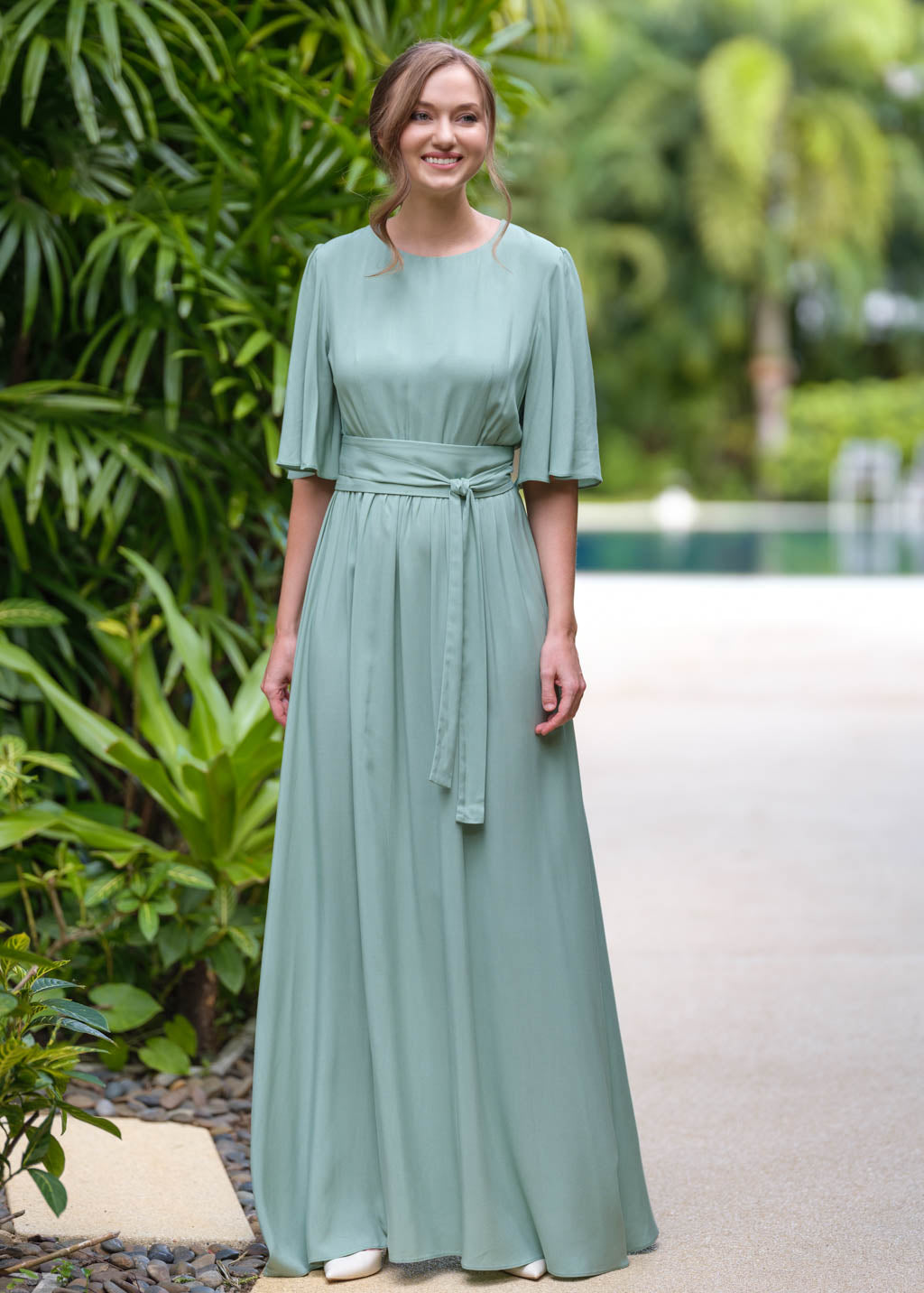Sage green long dress with belt