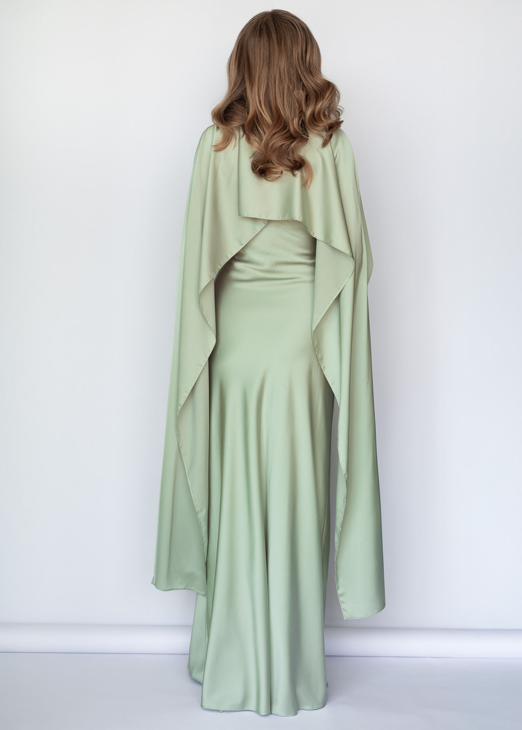 Light Sage Silk Dress & Detachable Cape