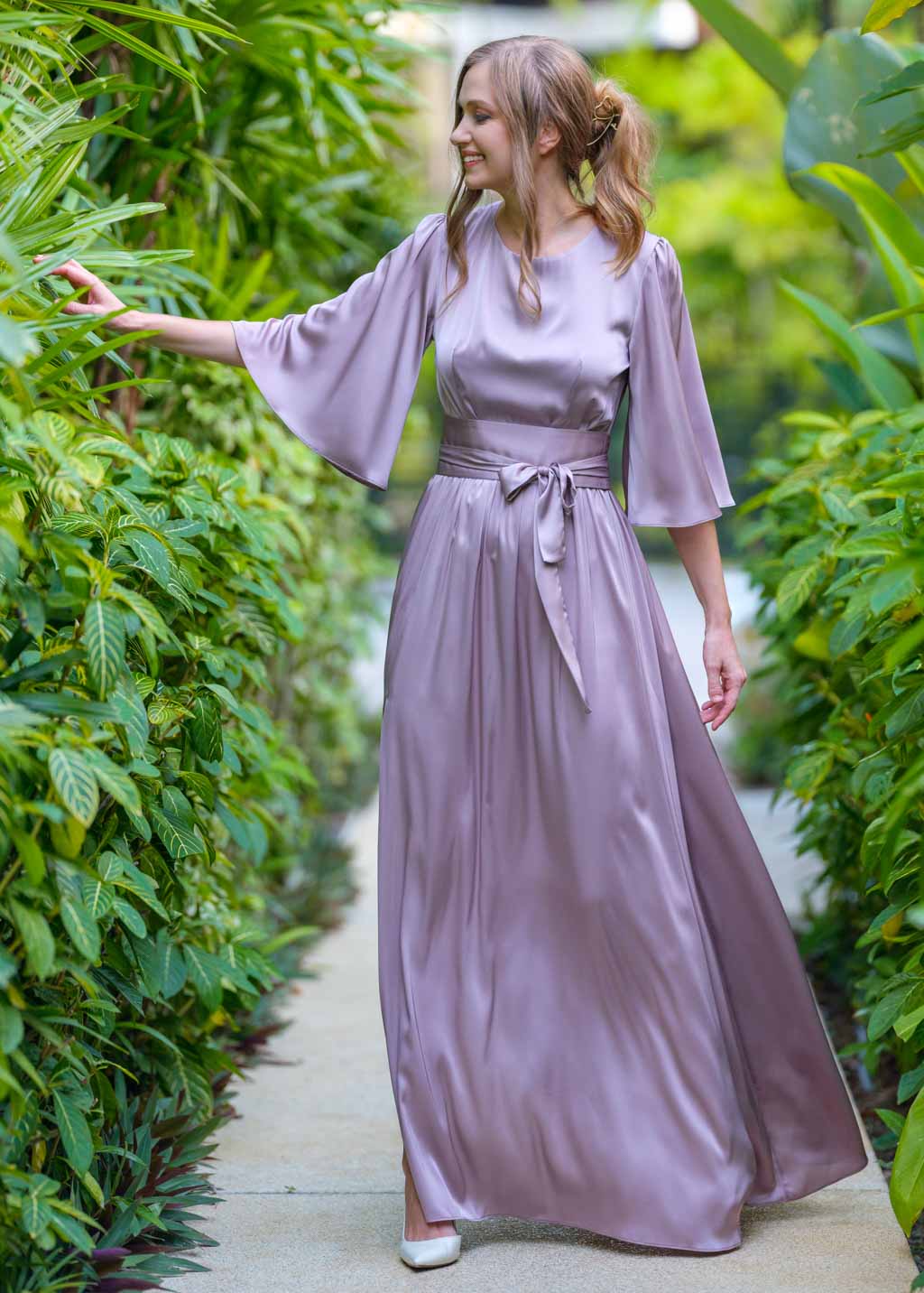 Taupe silk dress with belt