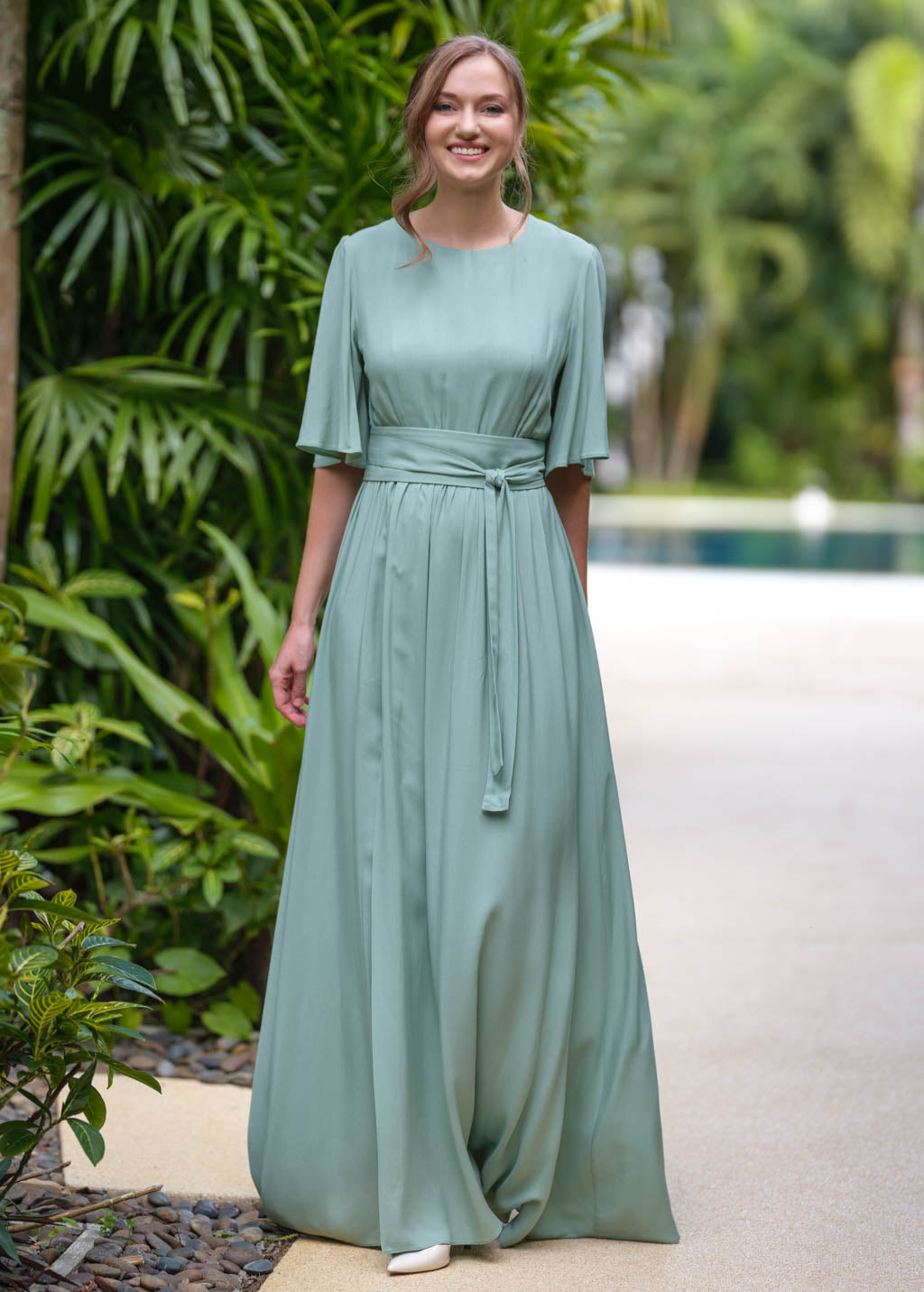 Sage green slit dress with belt