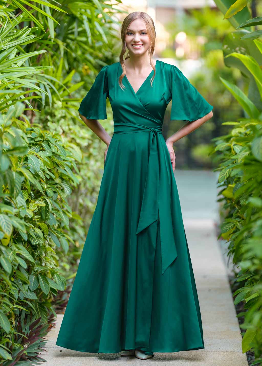 Emerald green wrap long dress