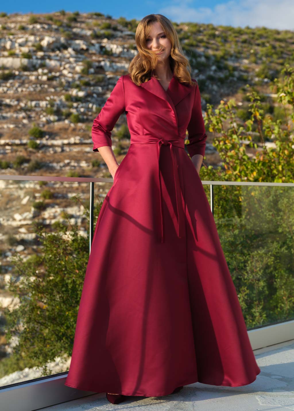 Mother of the Bride & Groom burgundy satin wrap dress
