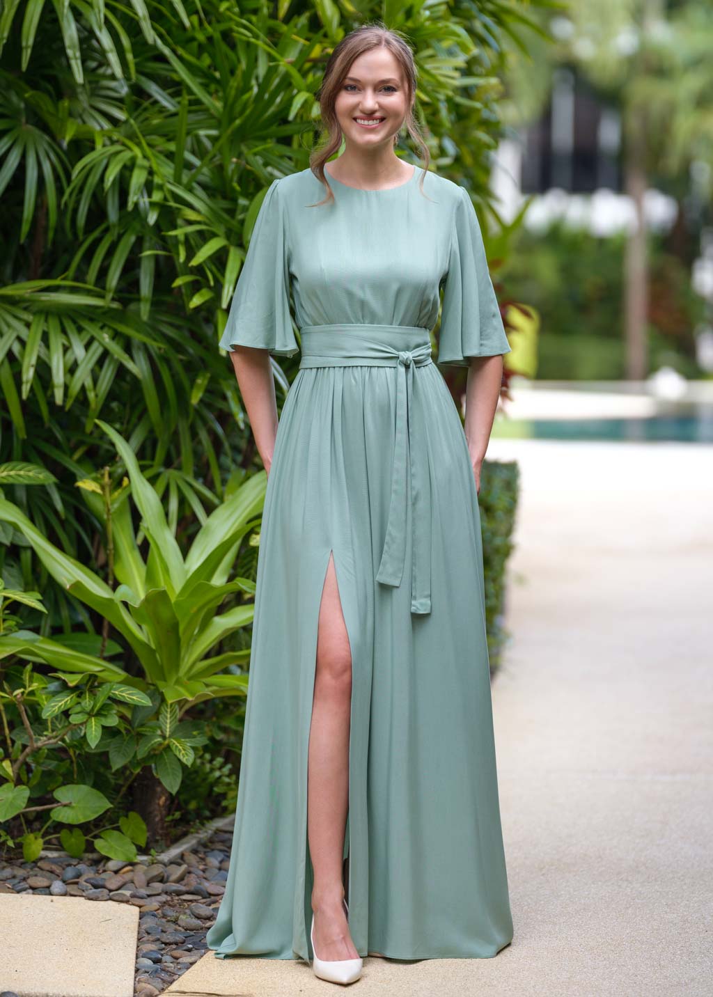Sage green slit dress with belt