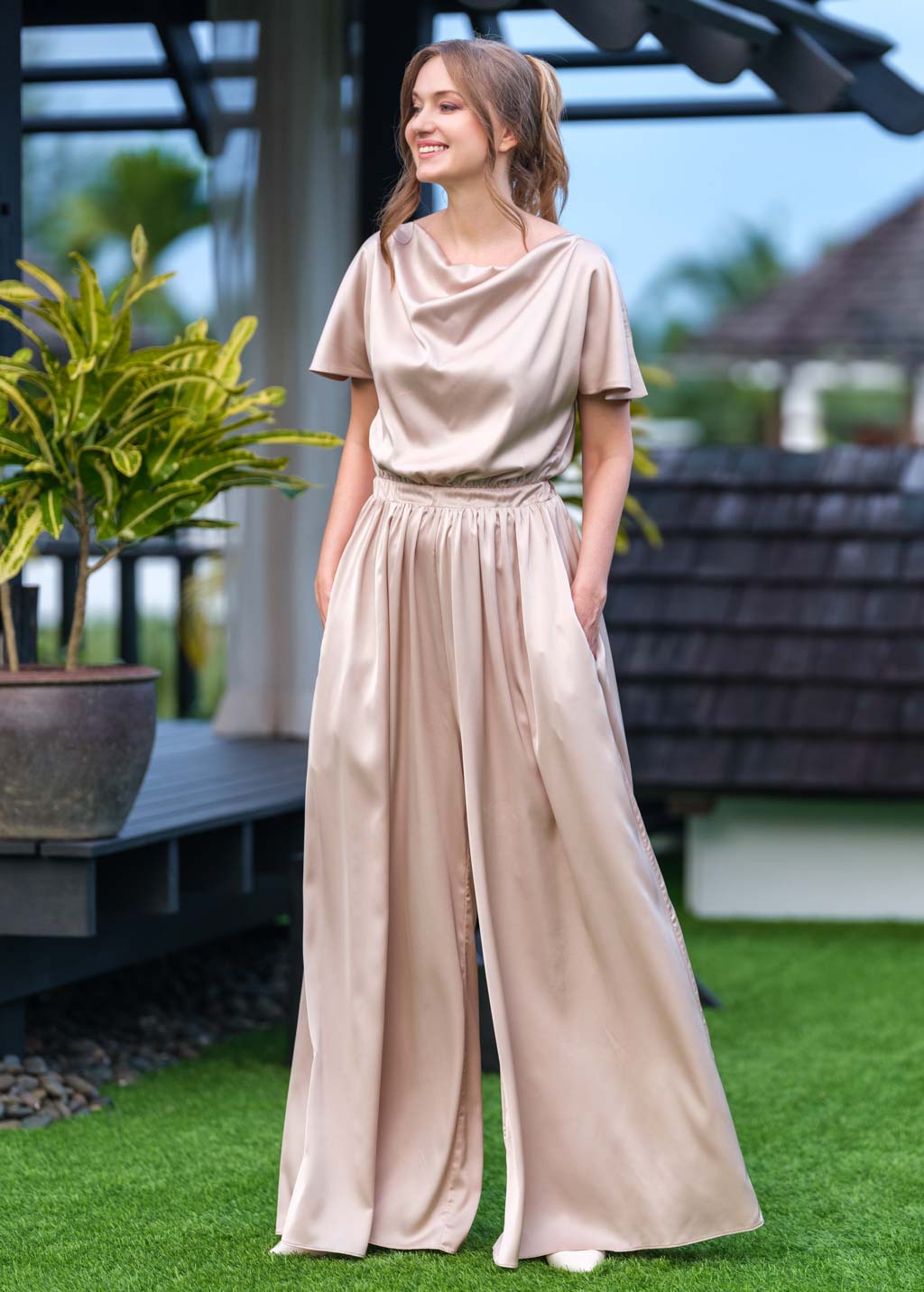 Champagne beige silk jumpsuit