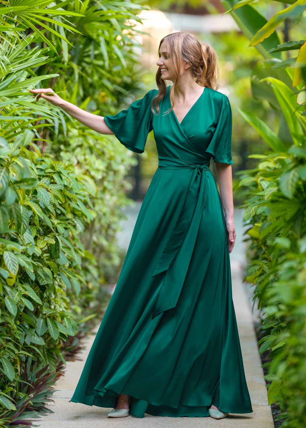 Emerald green wrap long dress