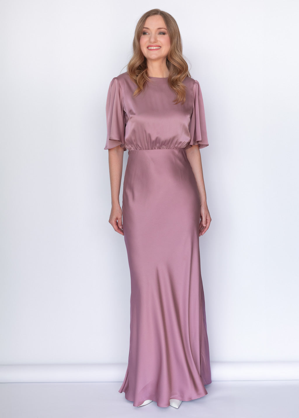 Champagne Rose Silk Maxi Dress with Flutter Sleeves