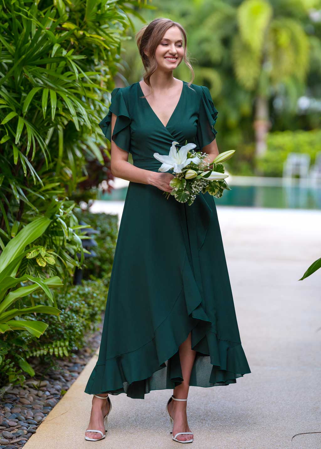 Dark green chiffon wrap dress