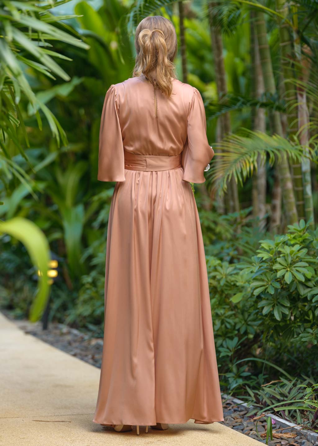 Rose gold silk dress with belt