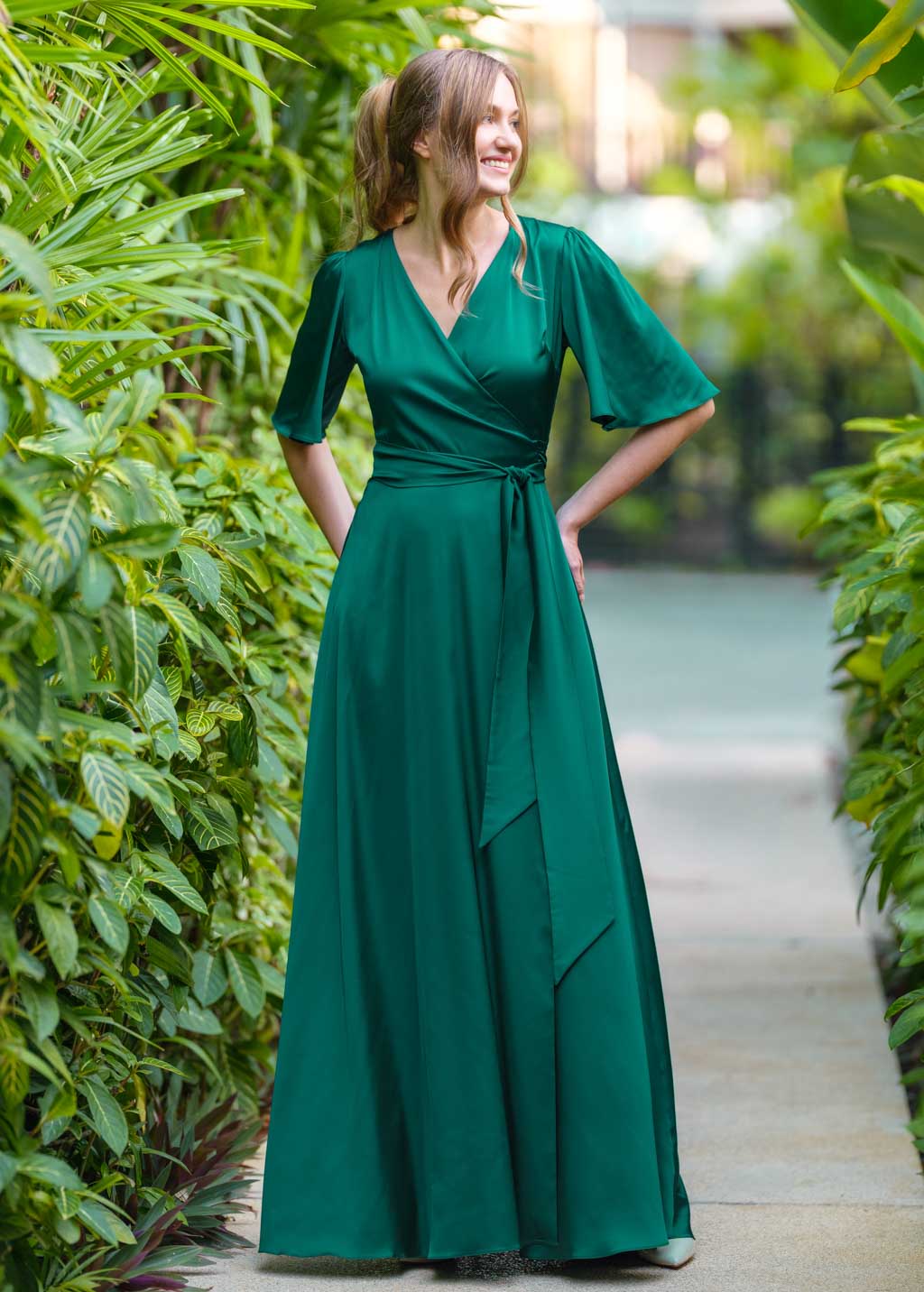 Emerald green wrap long dress