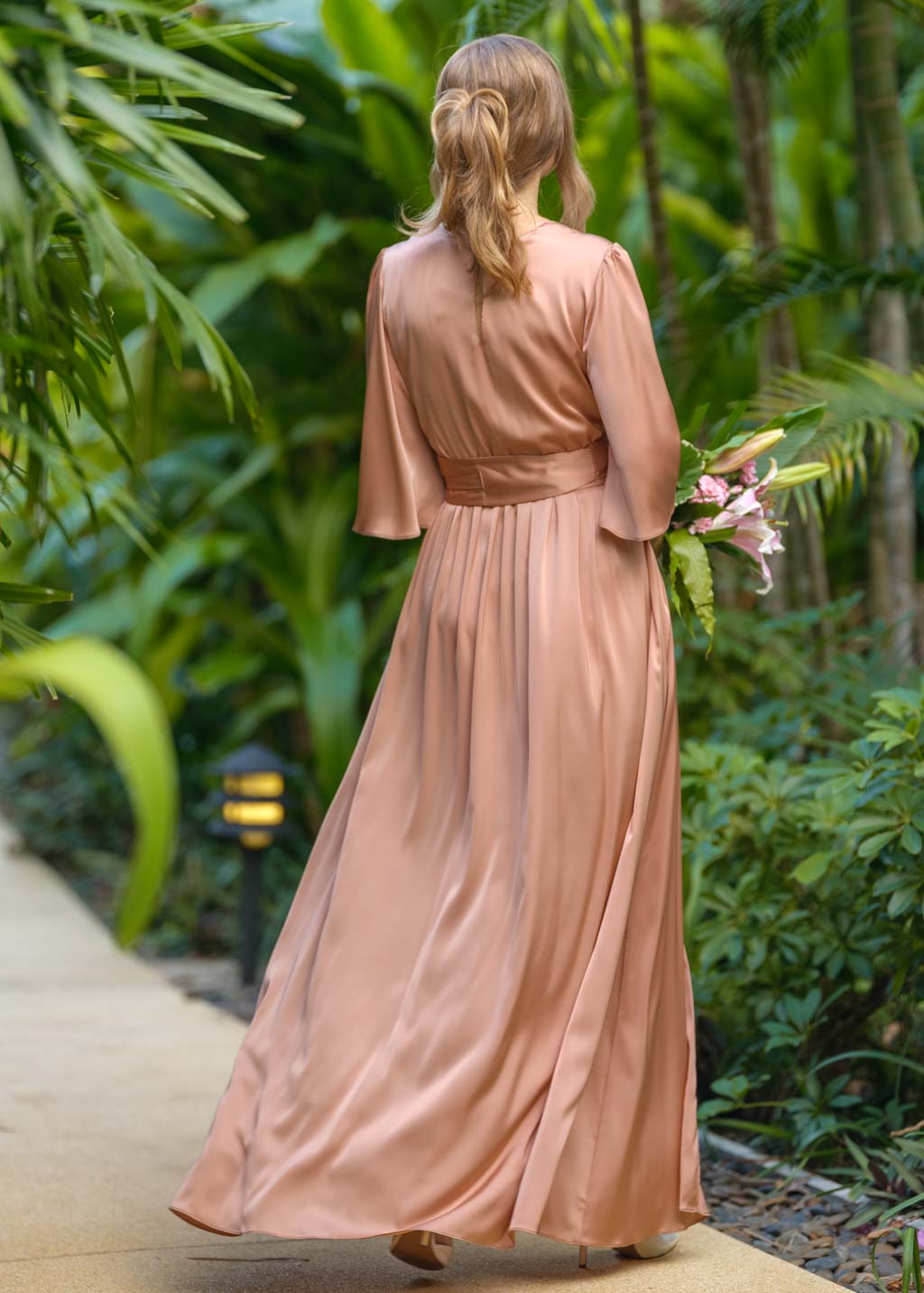 Rose gold silk slit dress with belt