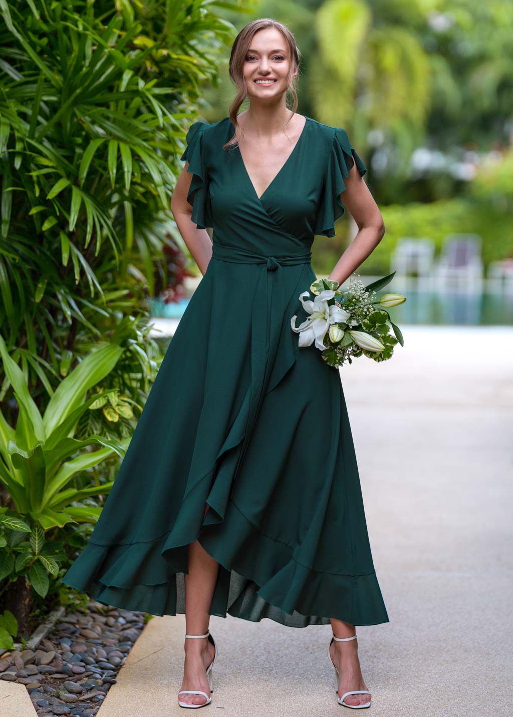 Dark green chiffon wrap dress