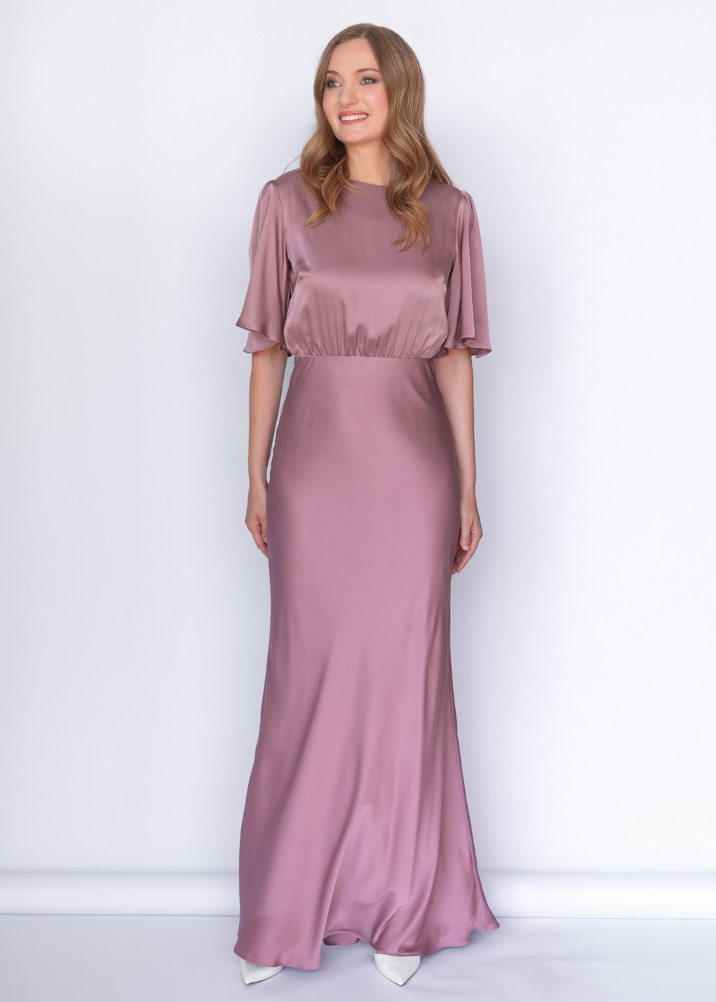 Champagne Rose Silk Maxi Dress with Flutter Sleeves