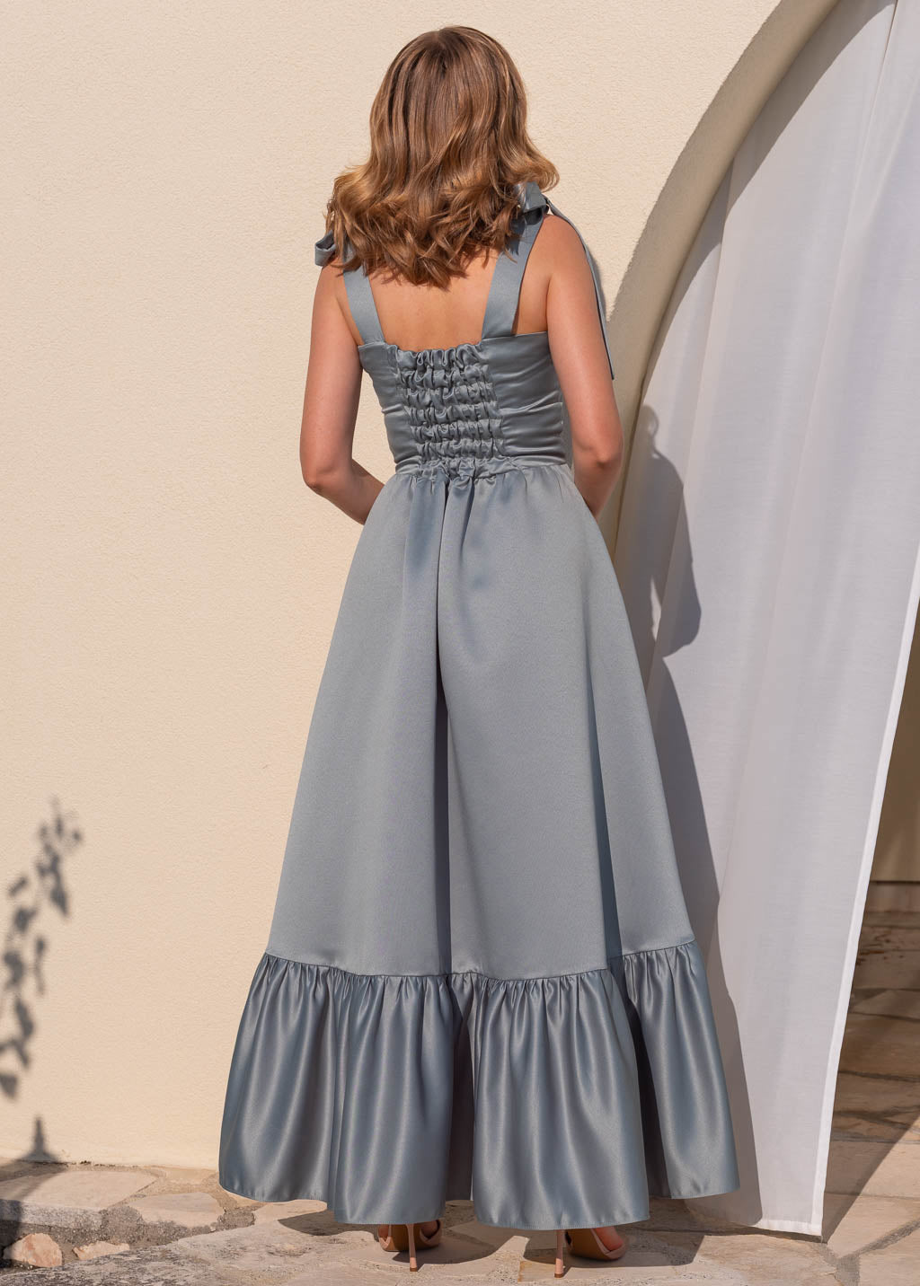 Silver grey long satin dress with ruffle hem