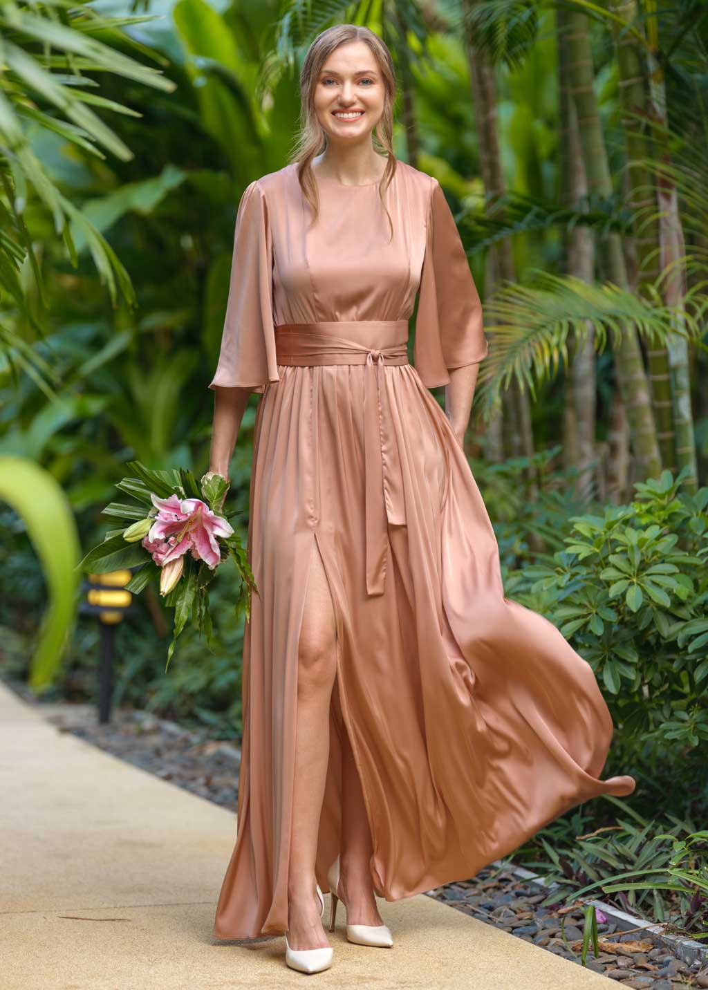 Rose gold silk dress with belt