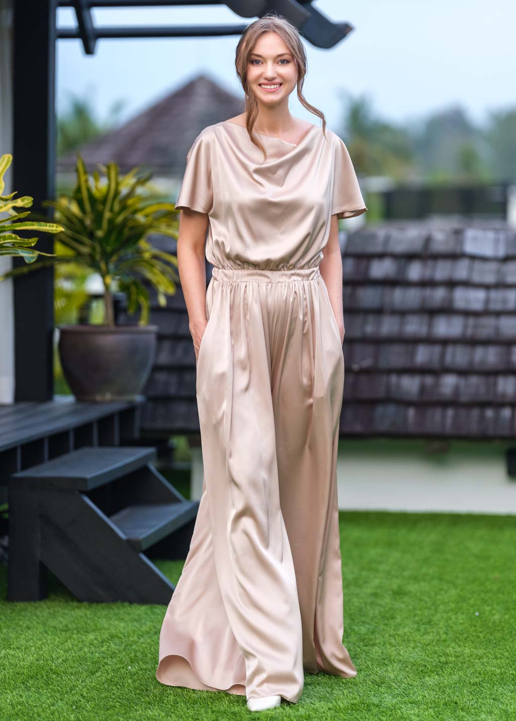 Champagne beige silk jumpsuit