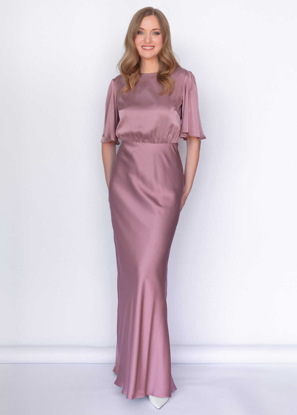 Champagne Rose Silk Maxi Dress with Flutter Sleeves