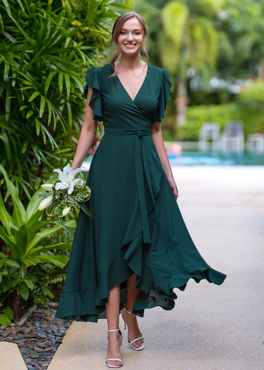 Dark green chiffon wrap dress