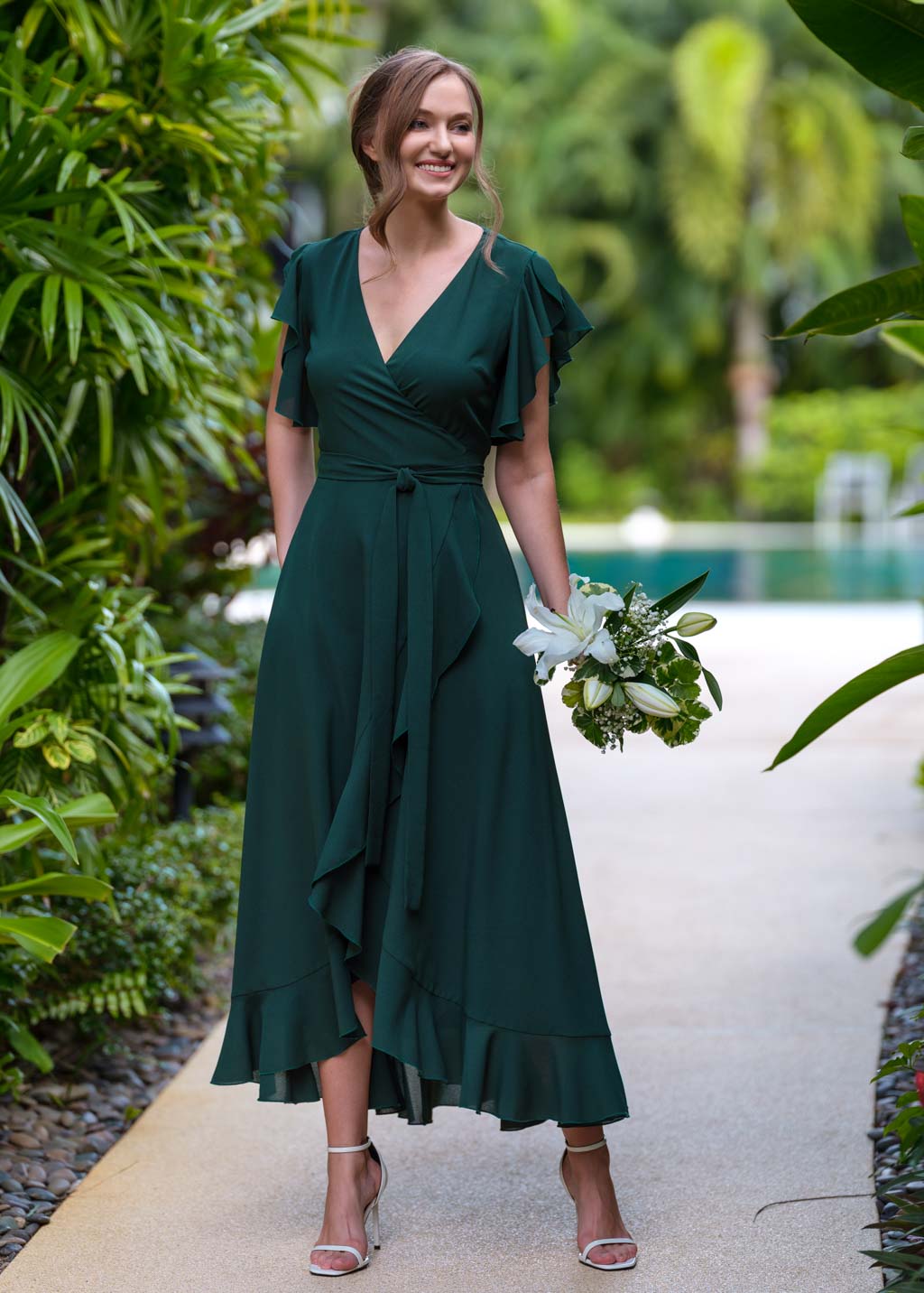 Dark green chiffon wrap dress