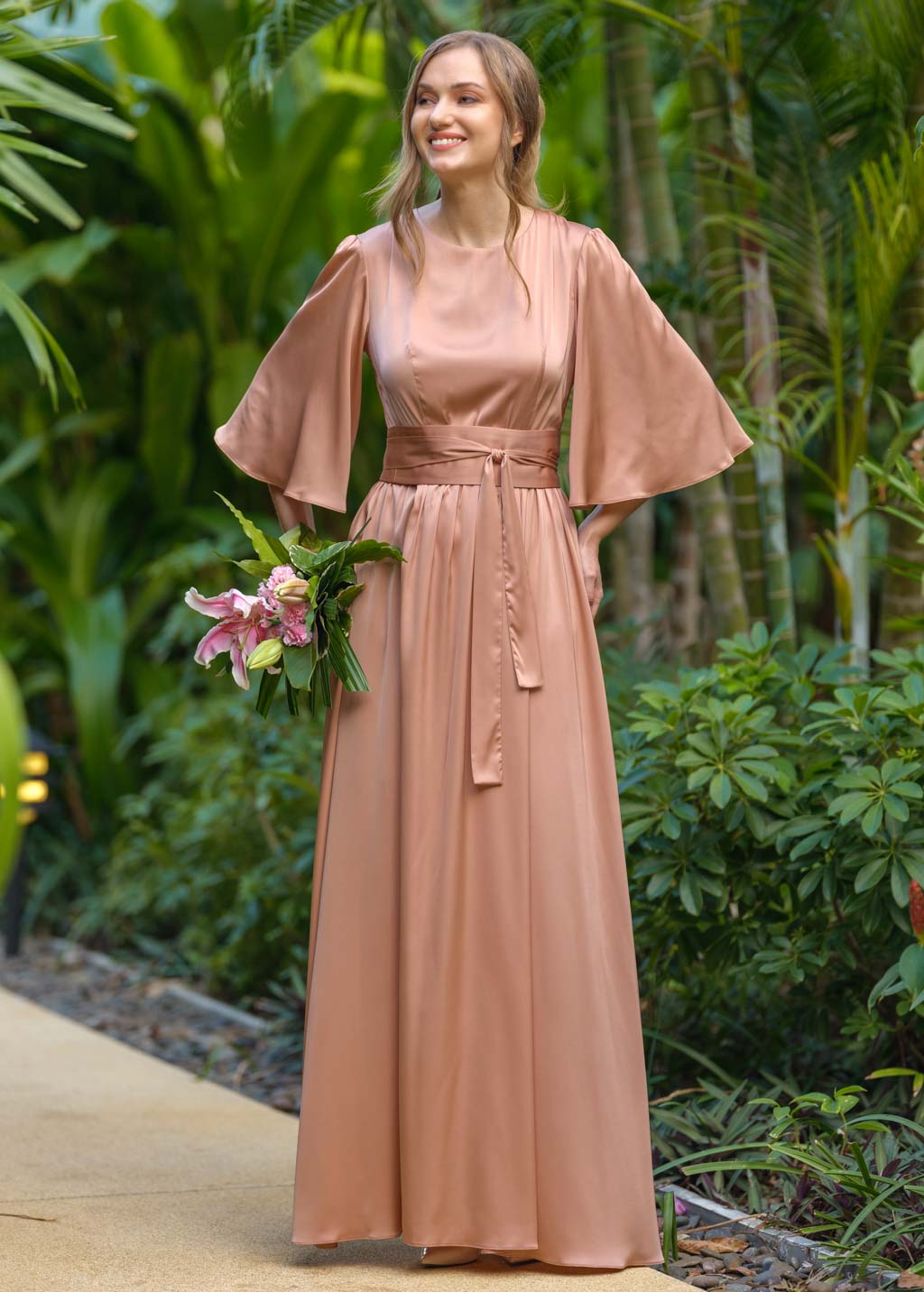 Rose gold silk dress with belt