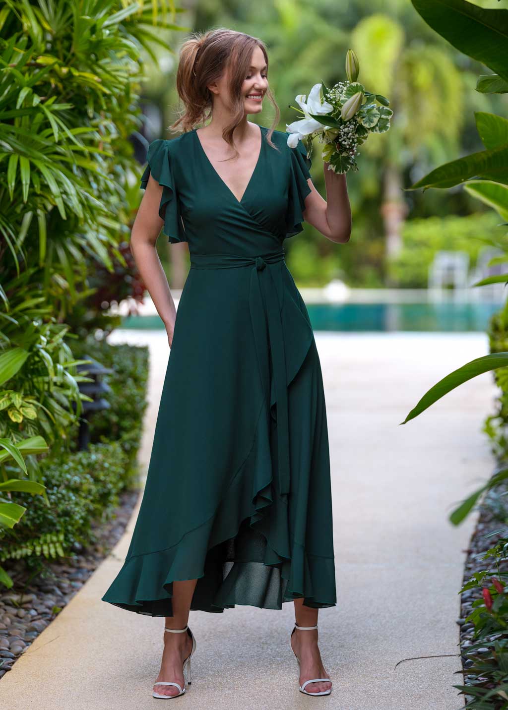 Dark green chiffon wrap dress