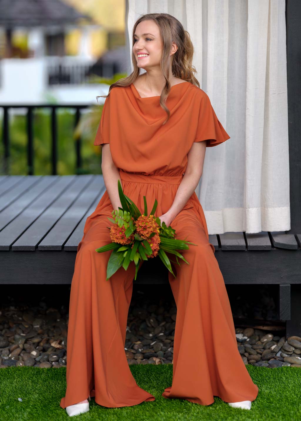 Rust orange crepe jumpsuit