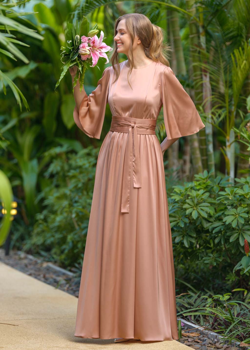 Rose gold silk slit dress with belt