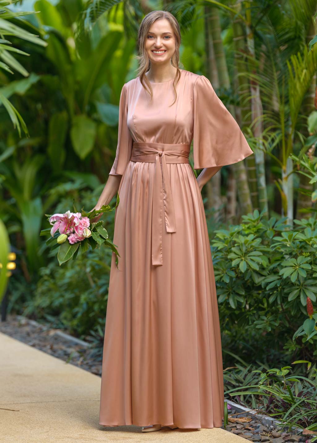 Rose gold silk slit dress with belt