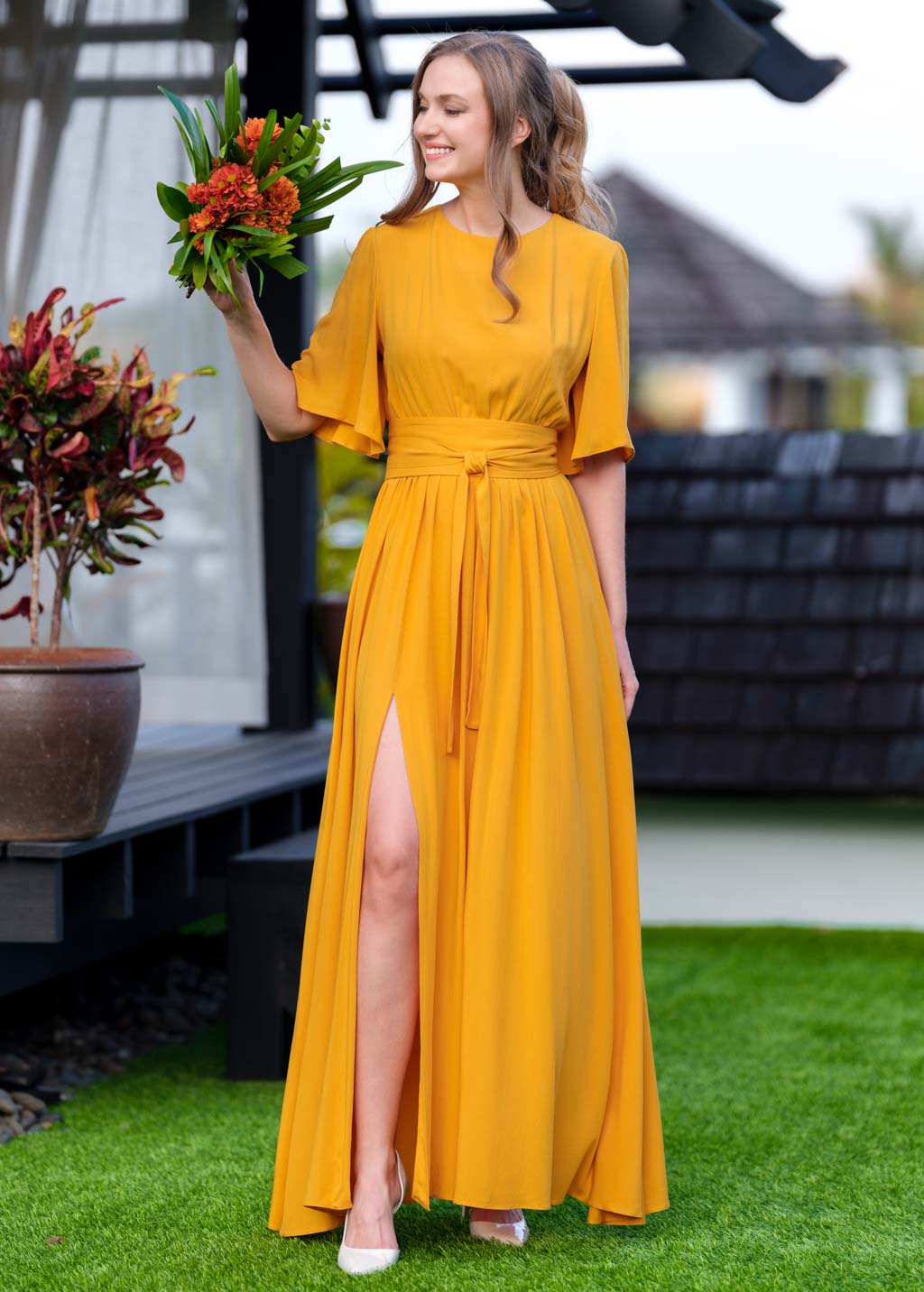 Honey yellow long dress with belt